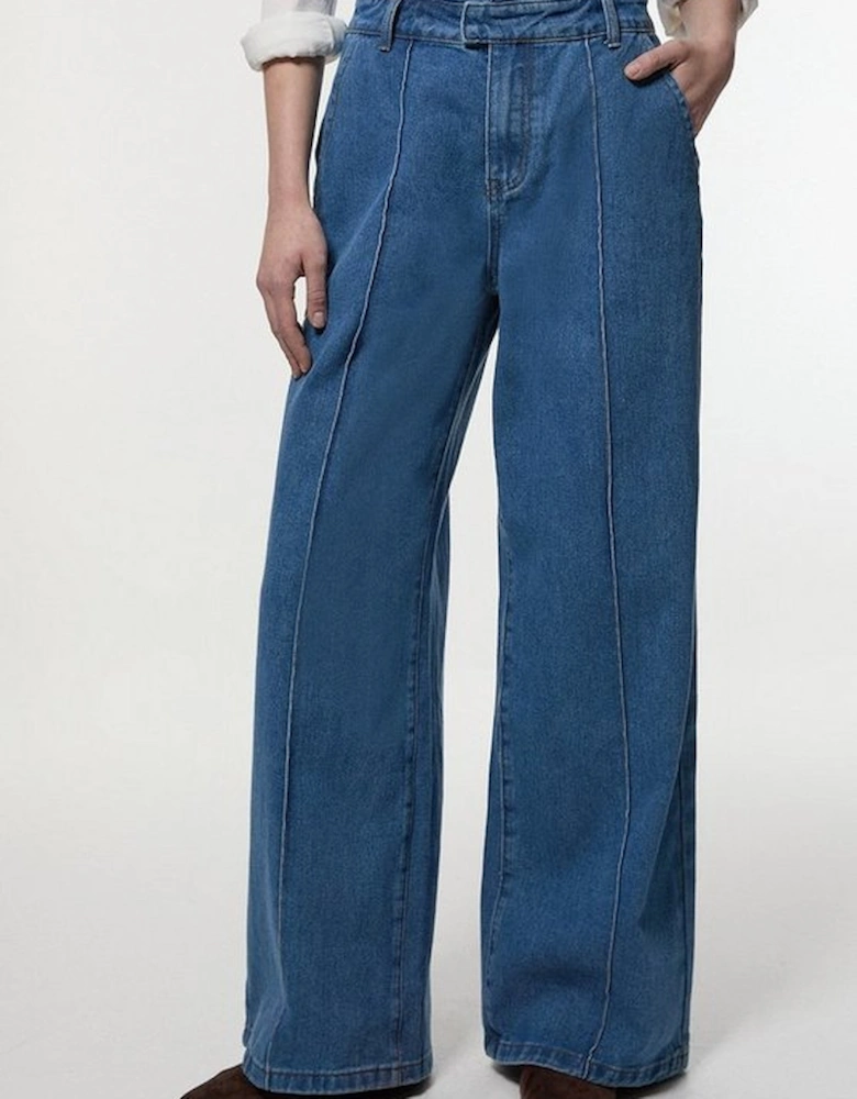 Petite Denim Waistband Detail Wide Leg Trousers