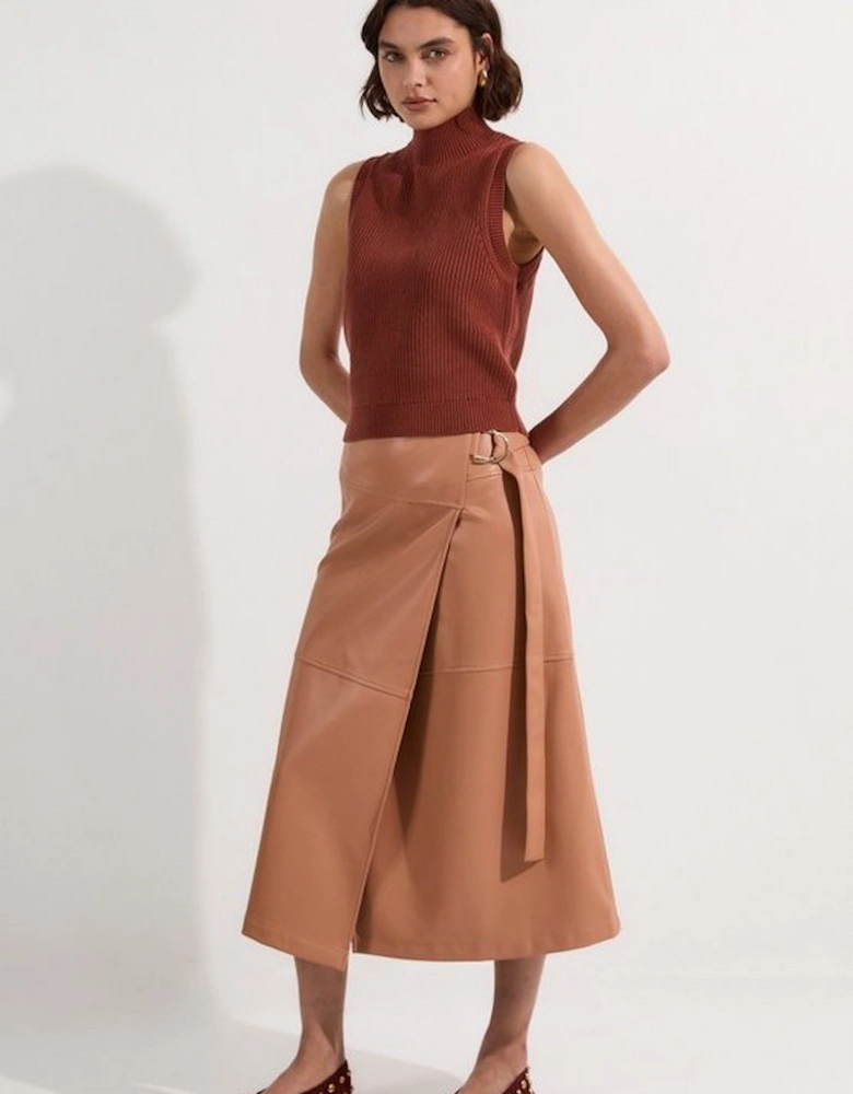 Petite Faux Leather Tie Detail Wrap Midi Skirt