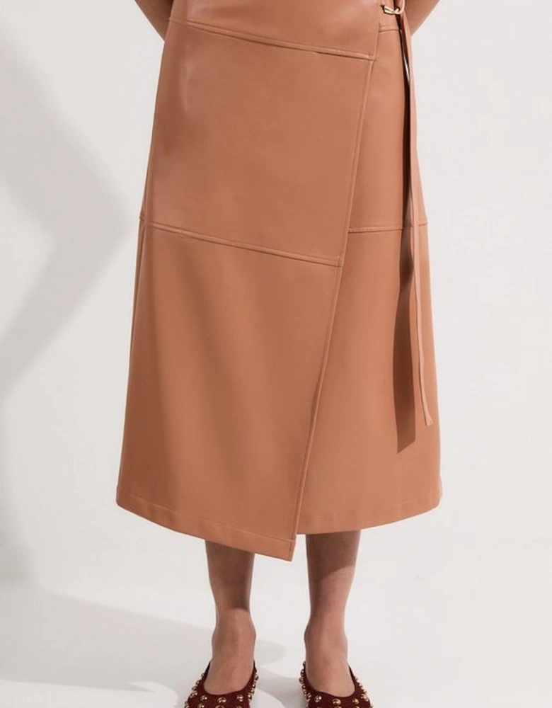 Petite Faux Leather Tie Detail Wrap Midi Skirt