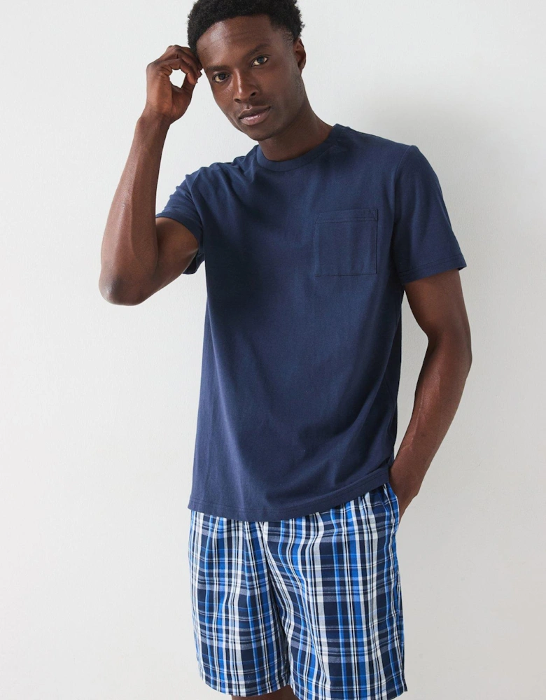 Cotton blend check Pyjama Short and T-Shirt - Blue