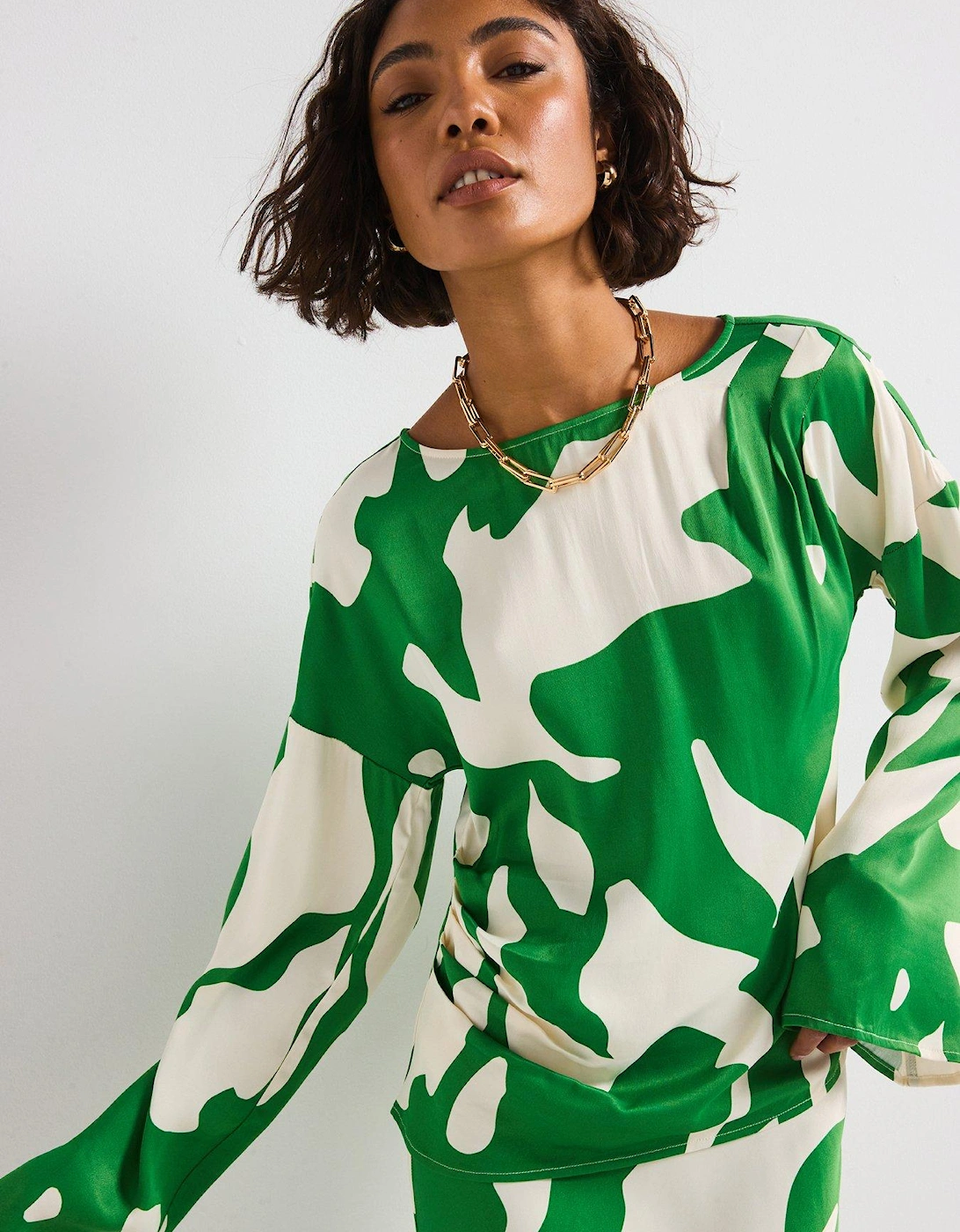 Printed Flare Sleeve Top - Green, 2 of 1
