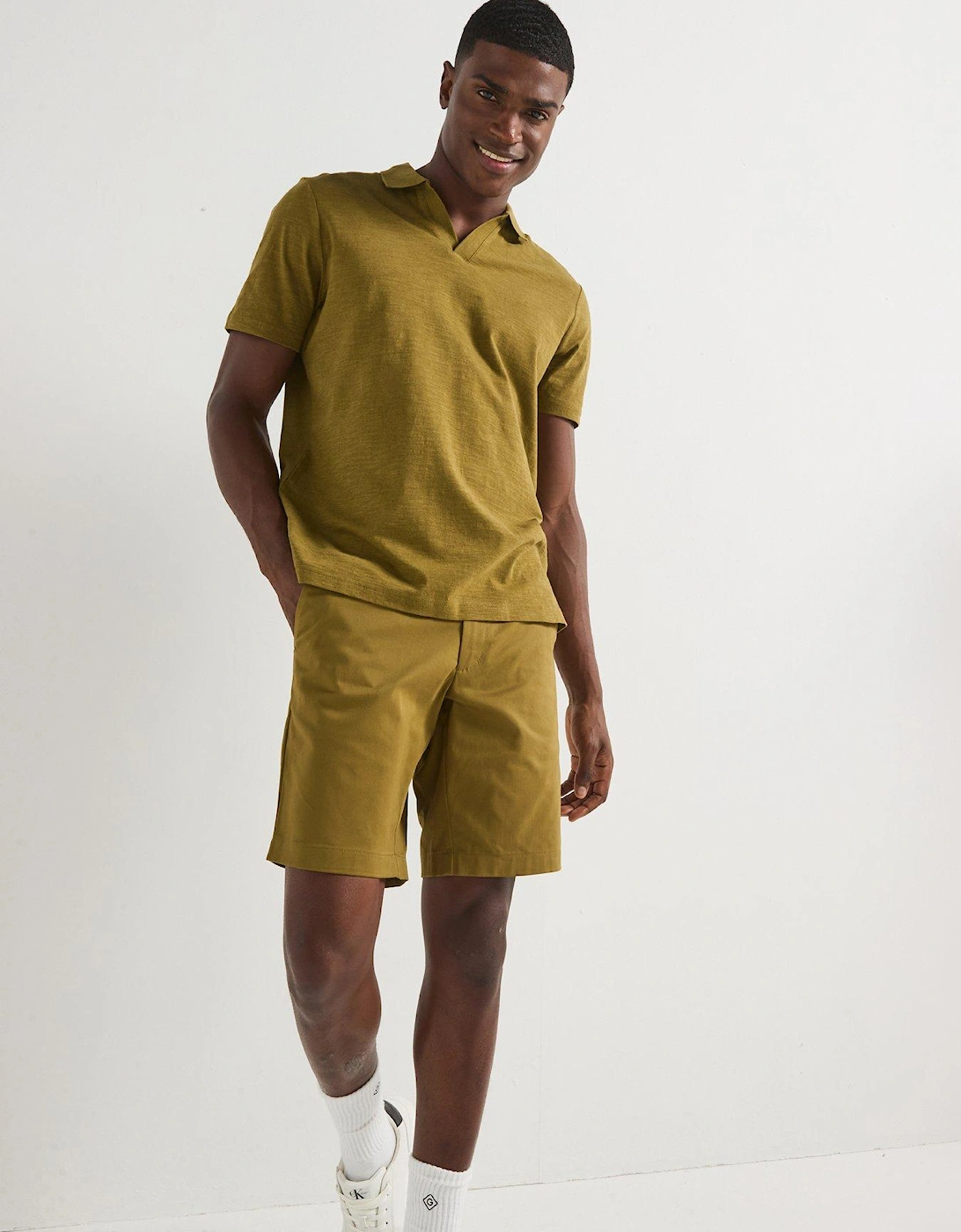 Linen Blend Open Collar Polo Shirt - Green