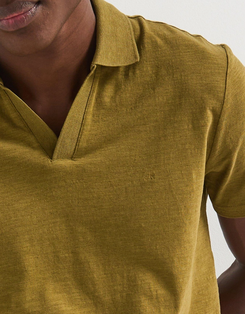 Linen Blend Open Collar Polo Shirt - Green