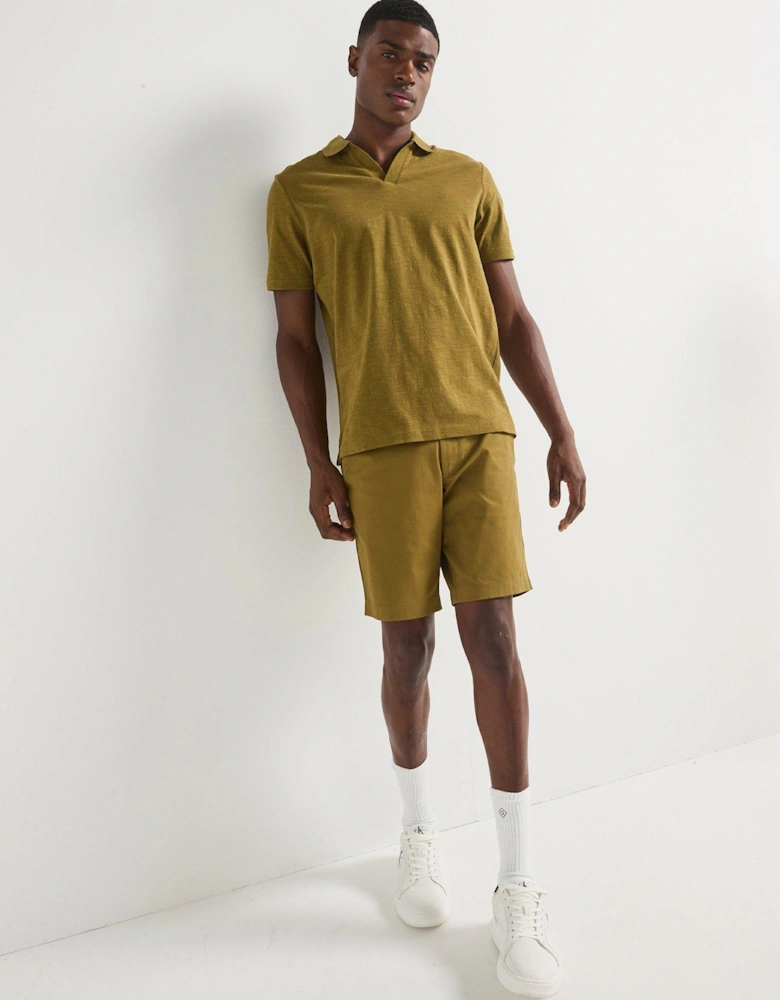 Linen Blend Open Collar Polo Shirt - Green