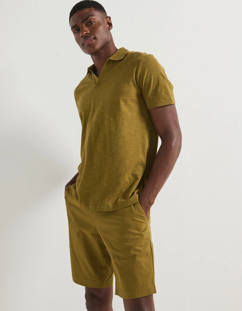 Linen Blend Open Collar Polo Shirt - Green