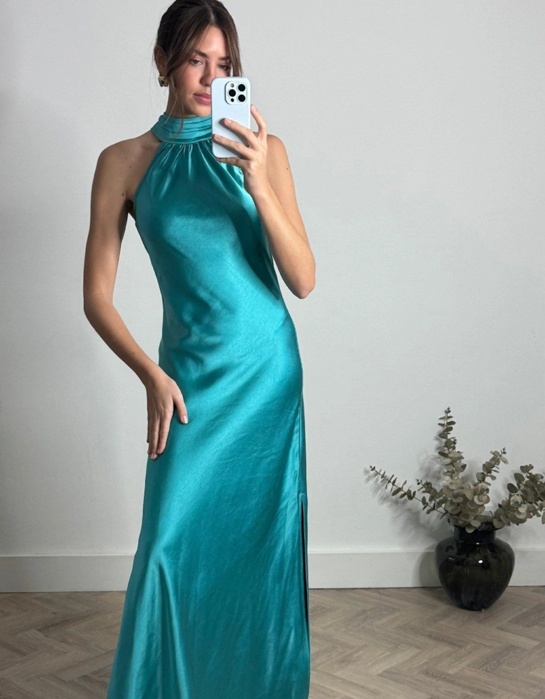Halter Neck Tropical Floral Midi Dress - Blue