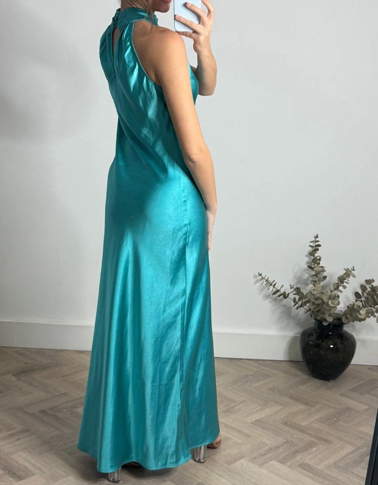 Halter Neck Tropical Floral Midi Dress - Blue