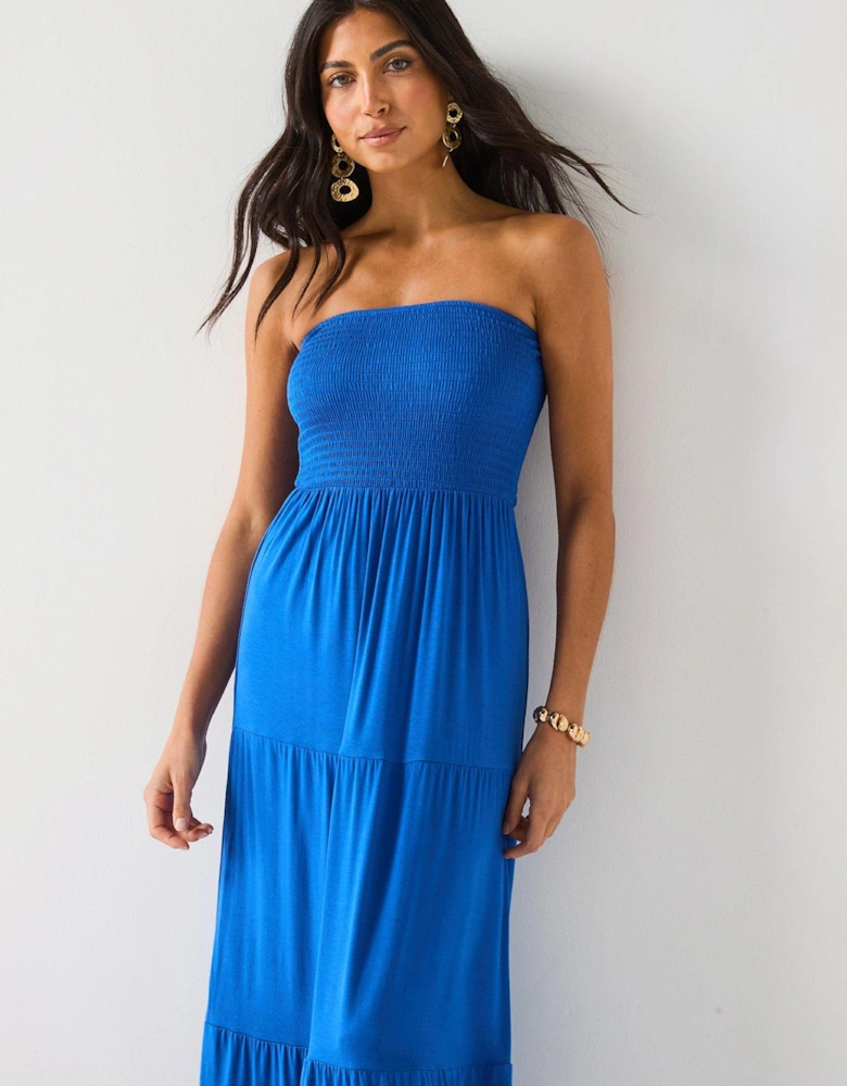 Shirred Bandeau Tiered Maxi Dress