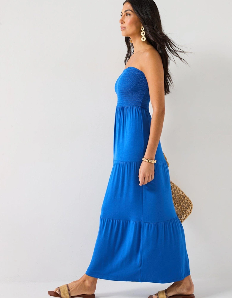 Shirred Bandeau Tiered Maxi Dress