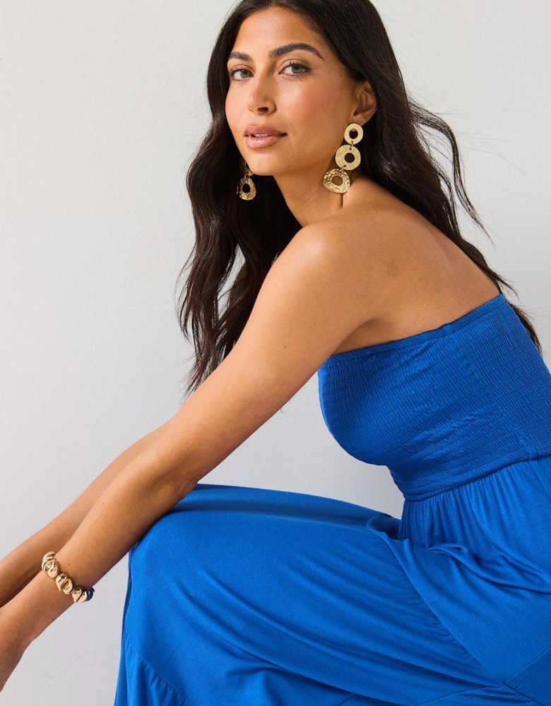 Shirred Bandeau Tiered Maxi Dress