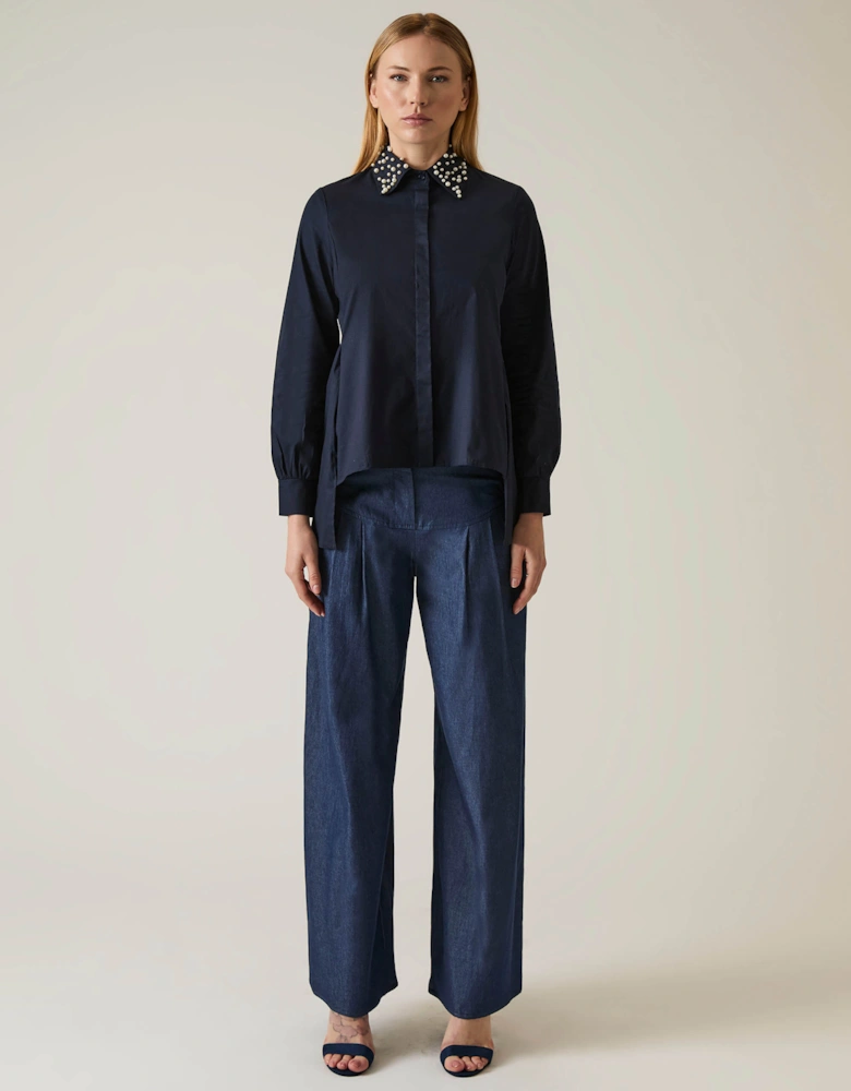 Pearl Collar Navy Cotton Shirt