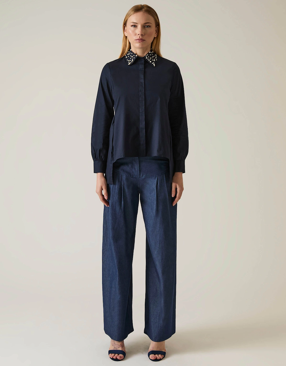 Pearl Collar Navy Cotton Shirt, 8 of 7