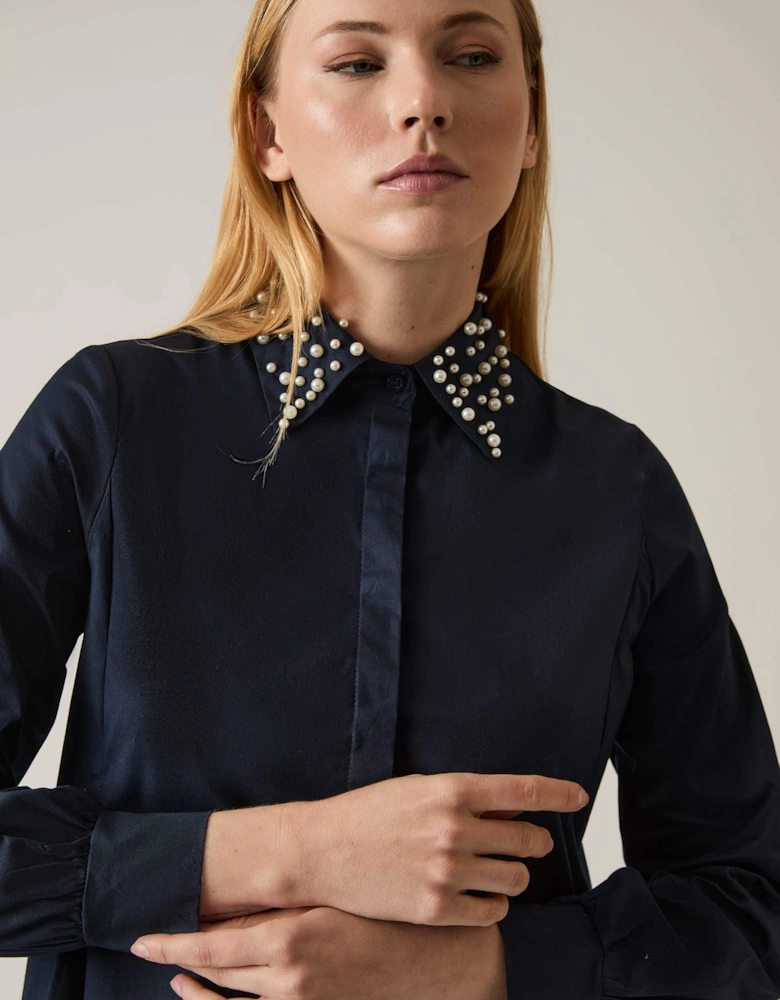 Pearl Collar Navy Cotton Shirt