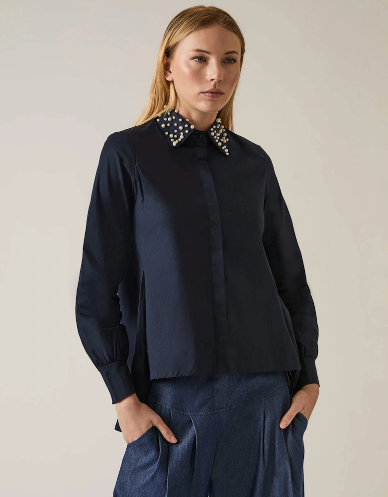 Pearl Collar Navy Cotton Shirt