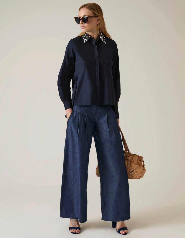 Pearl Collar Navy Cotton Shirt