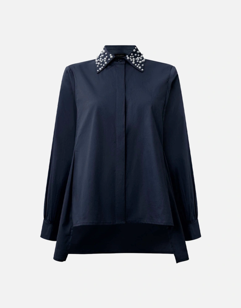 Pearl Collar Navy Cotton Shirt