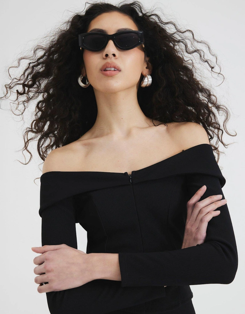 Bardot Rib Zip Top - Black