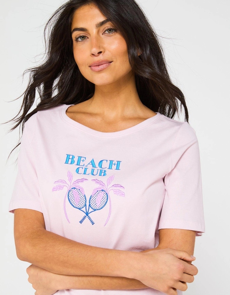 Jersey Printed Short Sleeve And Stripe Short Pj Set