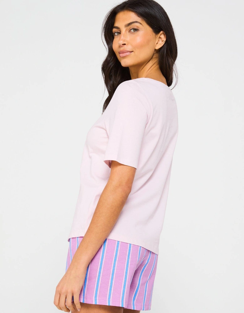 Jersey Printed Short Sleeve And Stripe Short Pj Set