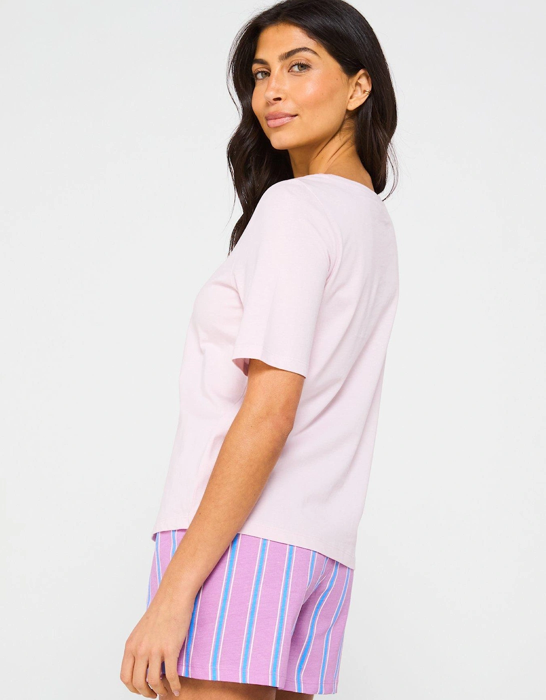 Jersey Printed Short Sleeve And Stripe Short Pj Set