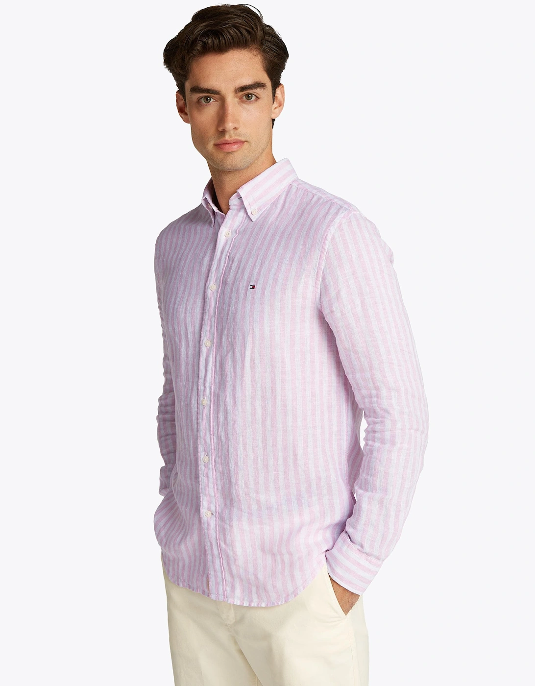 Men's Tommy Hilfiger Lined Essential Long Sleeve Striped Mens Shirt - Purple - Size: 42/Regular