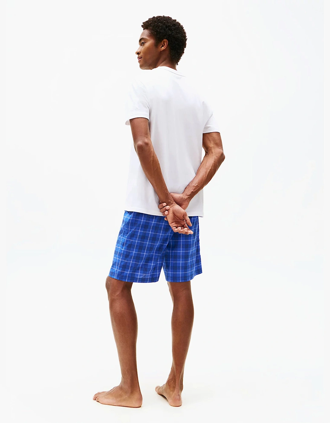 PURE COTTON Mens T-Shirt & Shorts Pyjama Set White / Grid Plaid