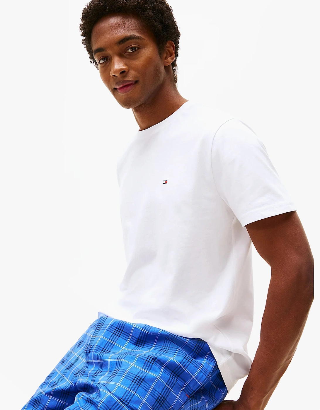 PURE COTTON Mens T-Shirt & Shorts Pyjama Set White / Grid Plaid