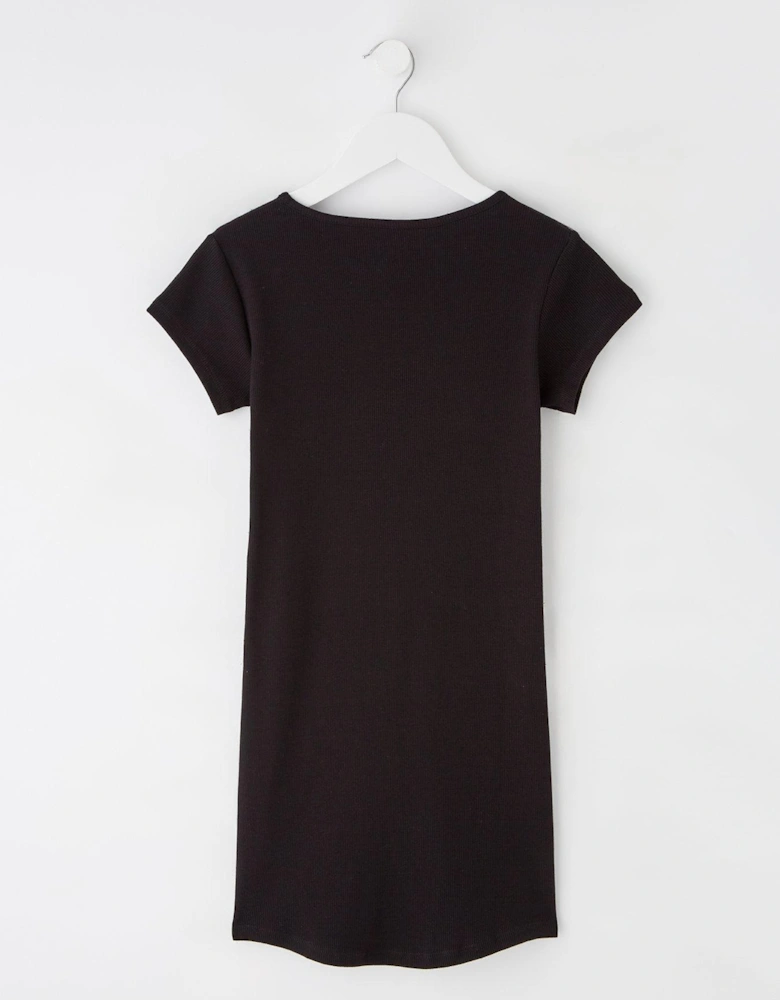 Girls Short Sleeve Ribbed Dress - Black