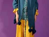 Cashmere blend wrap with love heart poms in Teal