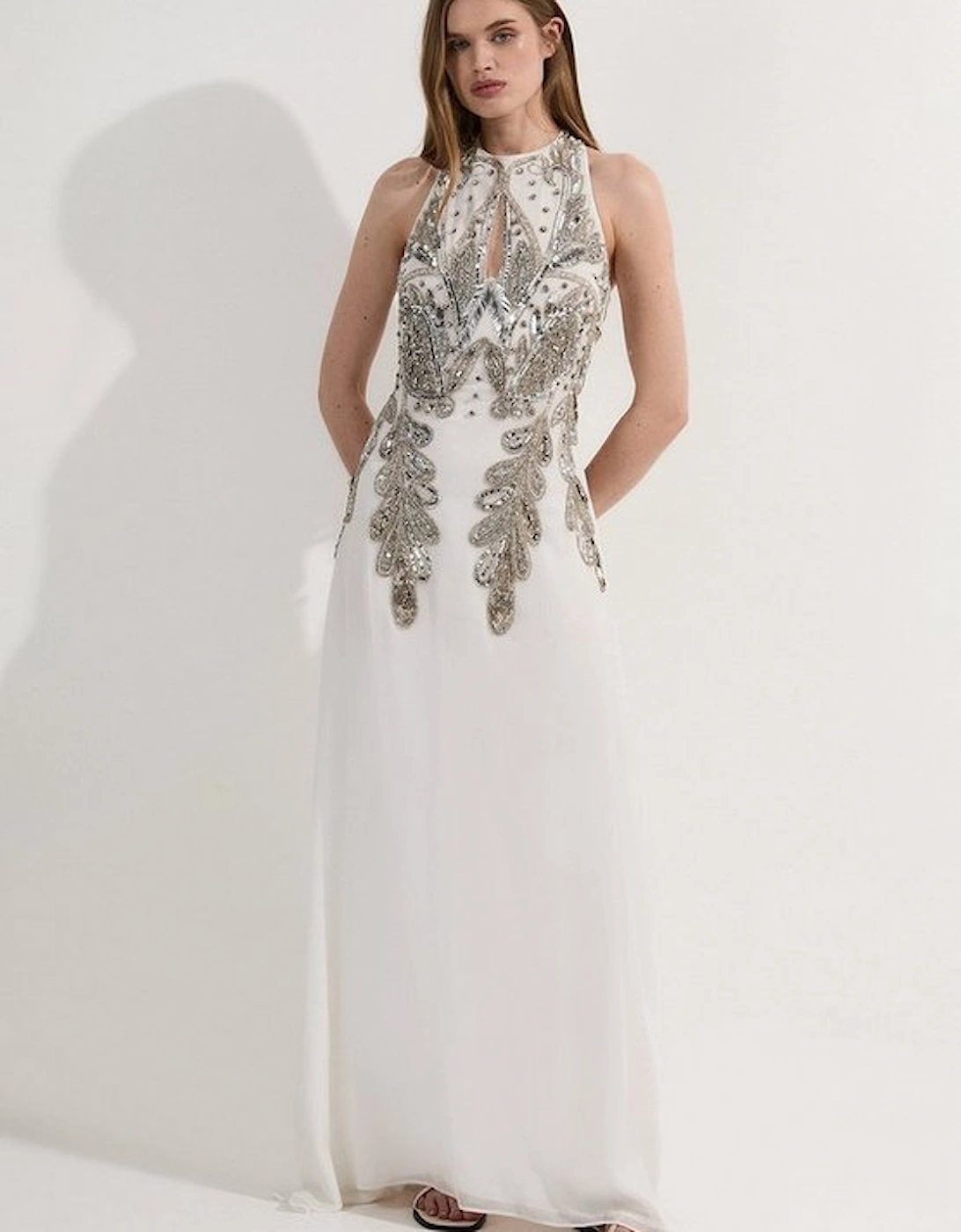 Halter Neck Bugle Bead Detail Woven Maxi Dress, 5 of 4