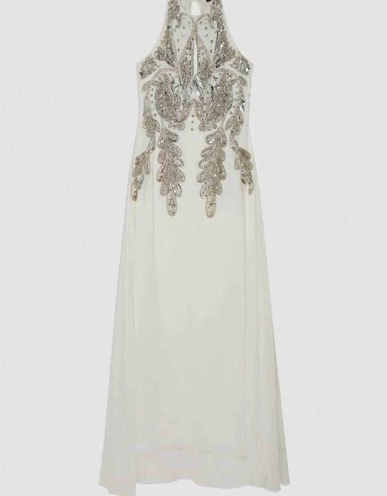 Halter Neck Bugle Bead Detail Woven Maxi Dress