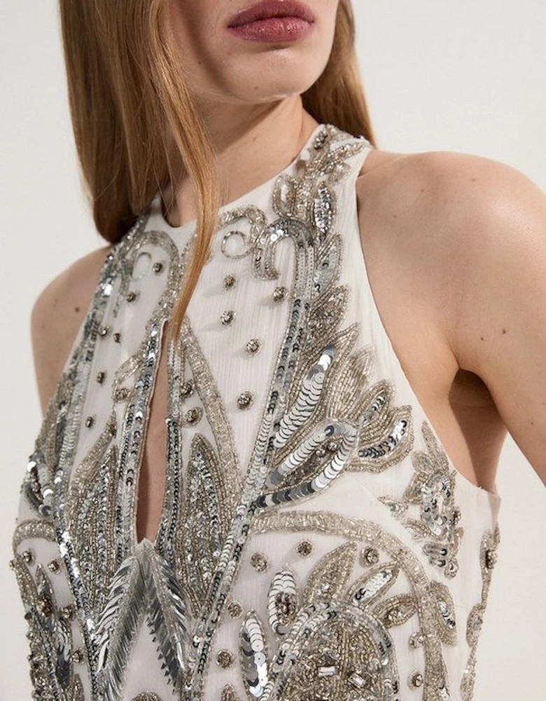 Halter Neck Bugle Bead Detail Woven Maxi Dress