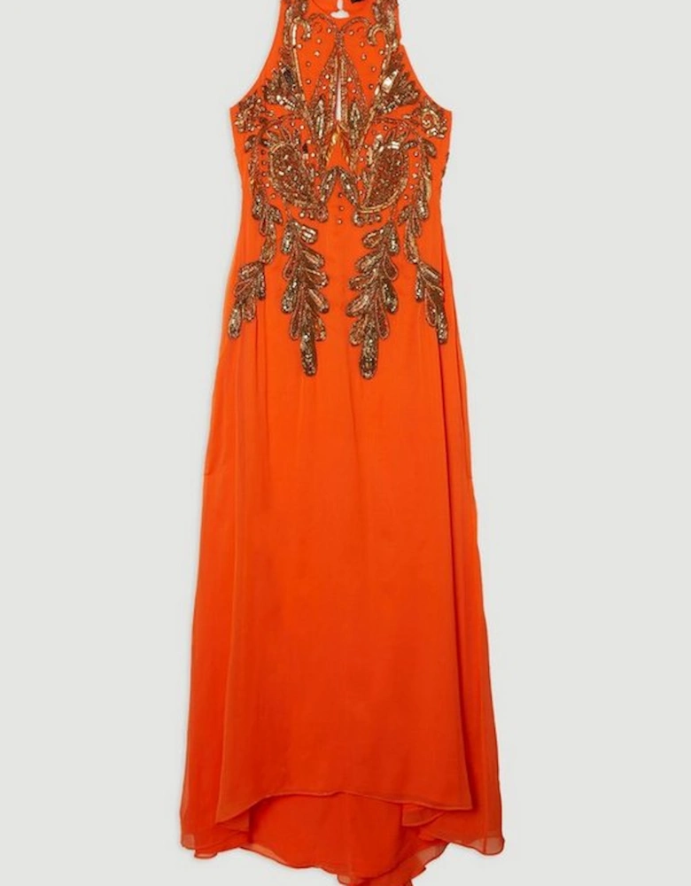 Halter Neck Bugle Bead Detail Woven Maxi Dress
