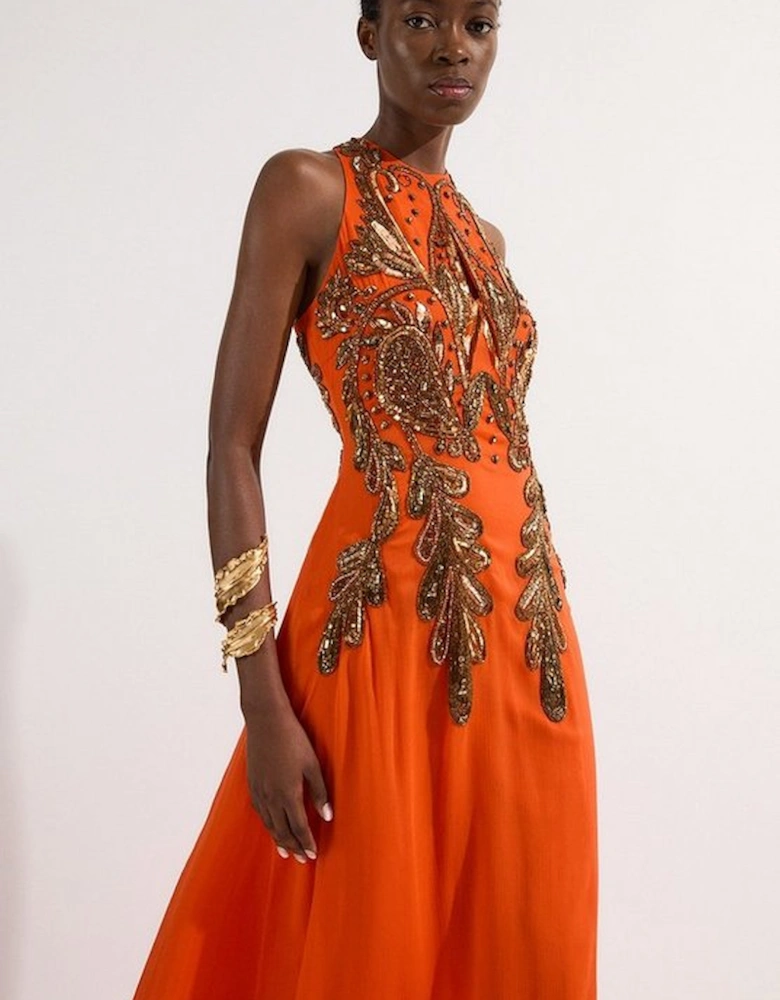 Halter Neck Bugle Bead Detail Woven Maxi Dress