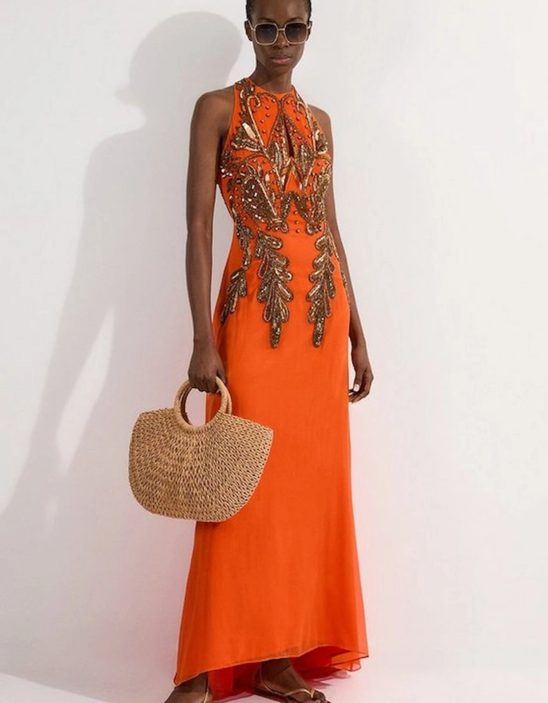 Halter Neck Bugle Bead Detail Woven Maxi Dress