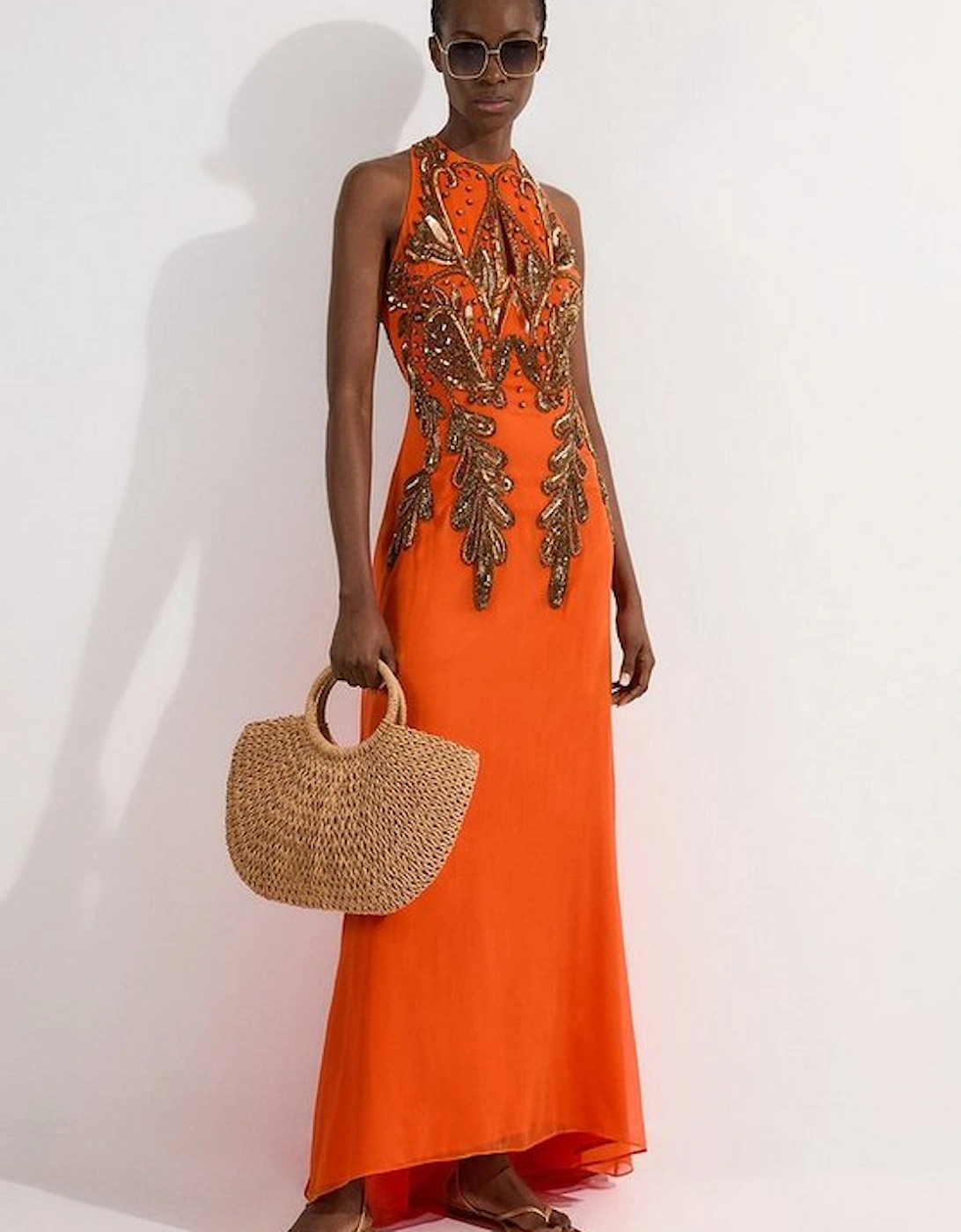Halter Neck Bugle Bead Detail Woven Maxi Dress