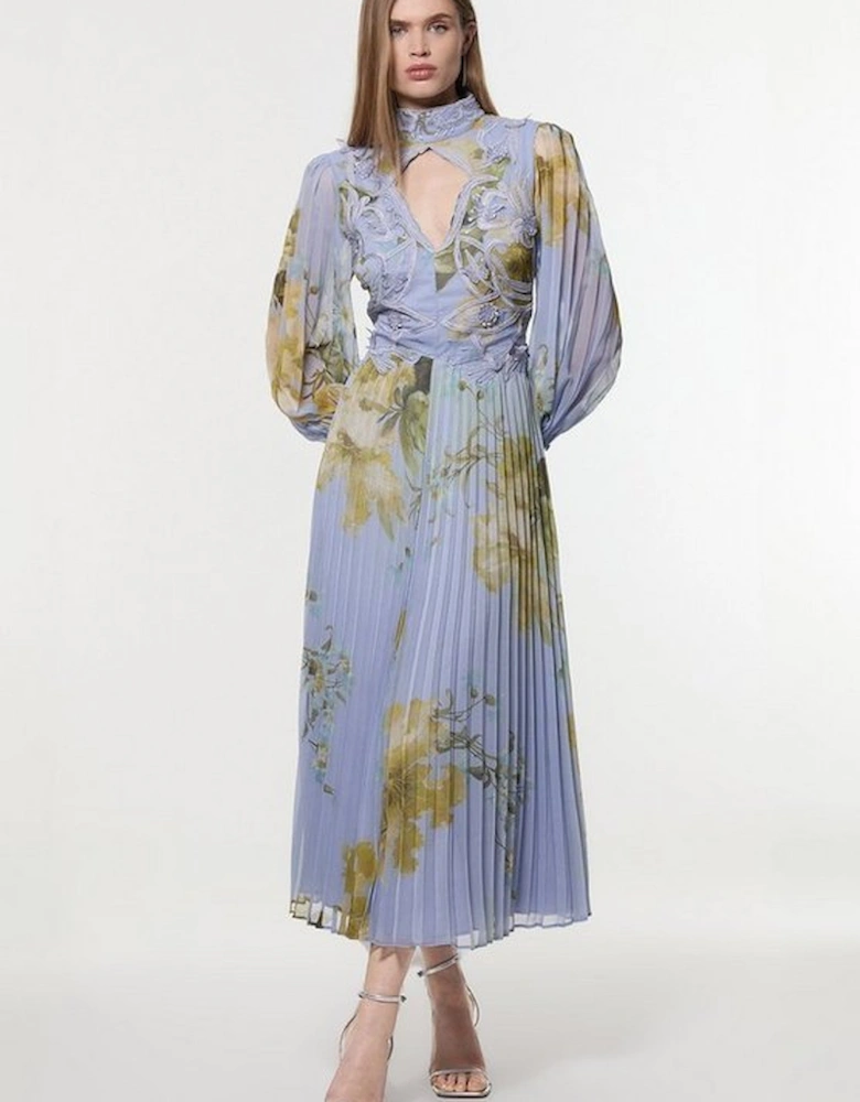 Floral Applique Lace Pleated Woven Maxi Dress