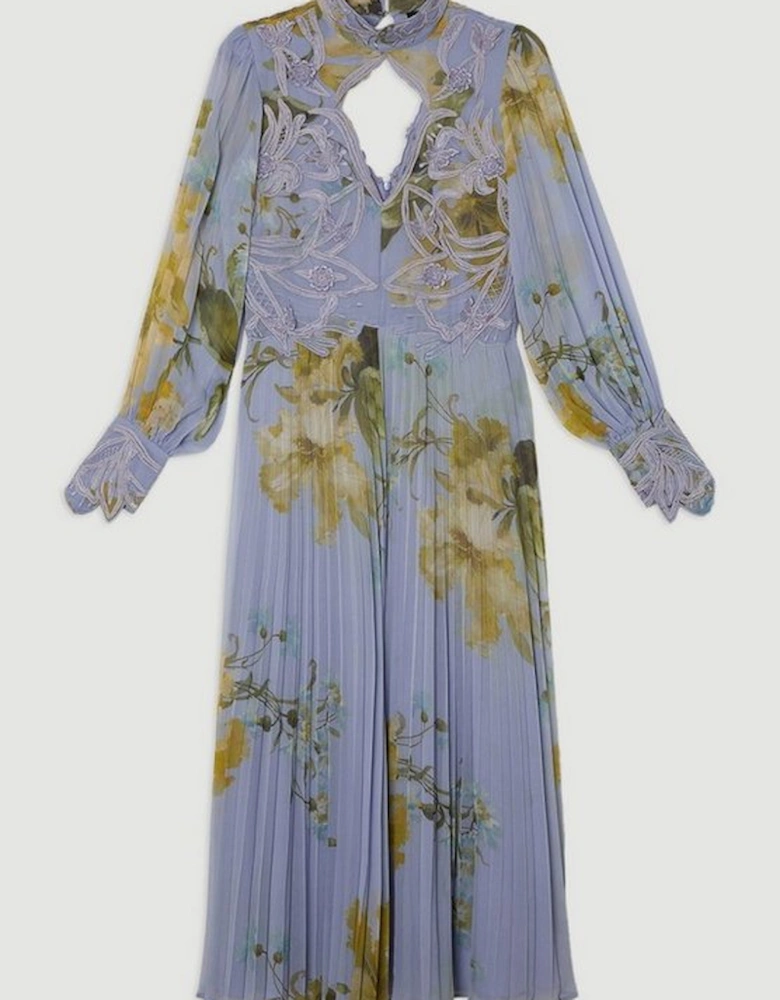 Floral Applique Lace Pleated Woven Maxi Dress