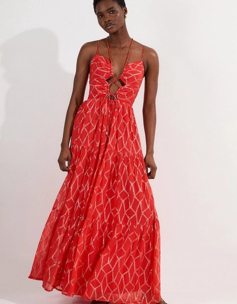 Viscose Sparkle Tie Detail Tiered Skirt Woven Maxi Dress