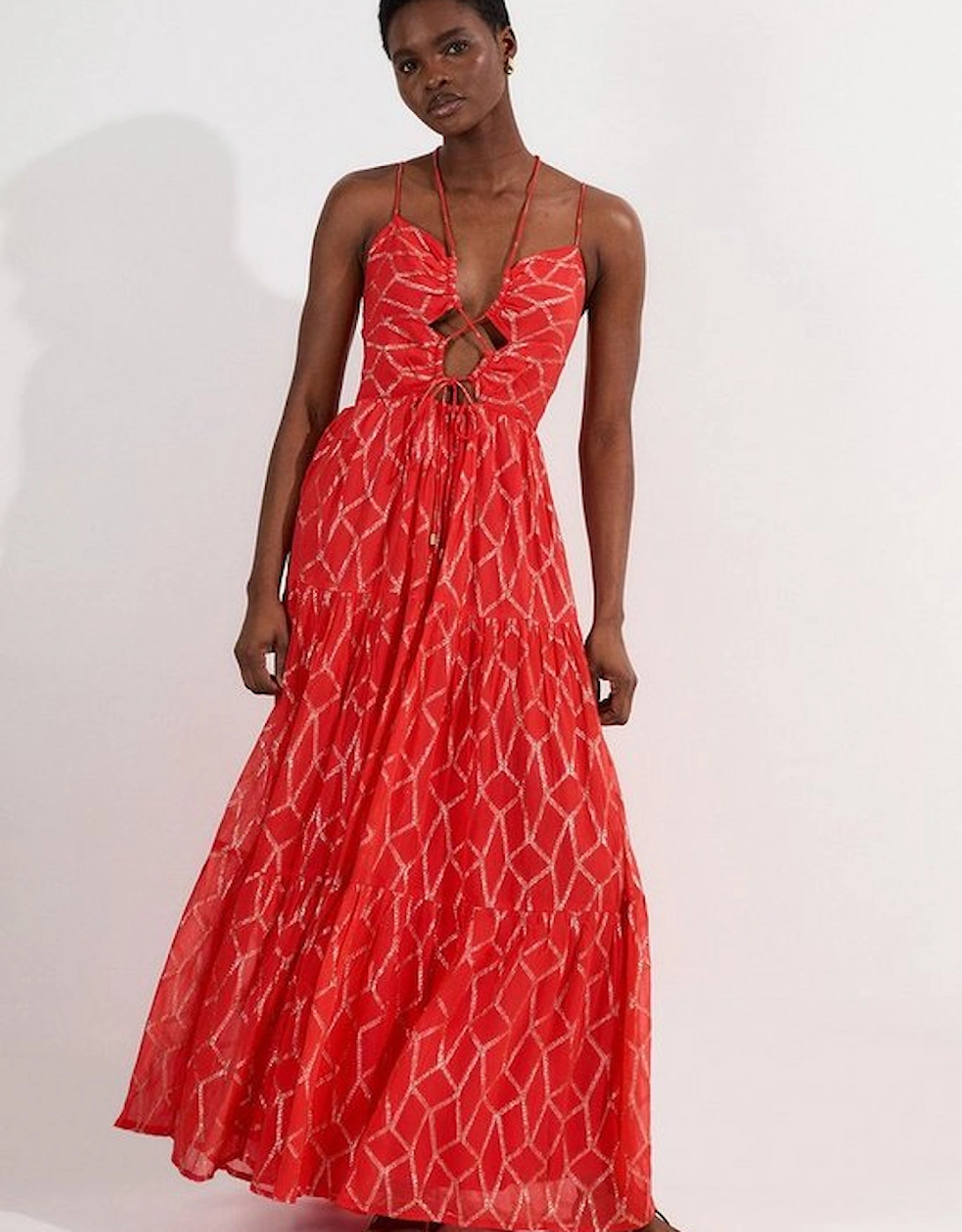 Viscose Sparkle Tie Detail Tiered Skirt Woven Maxi Dress