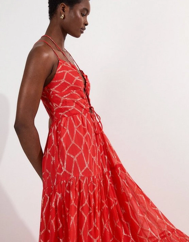 Viscose Sparkle Tie Detail Tiered Skirt Woven Maxi Dress