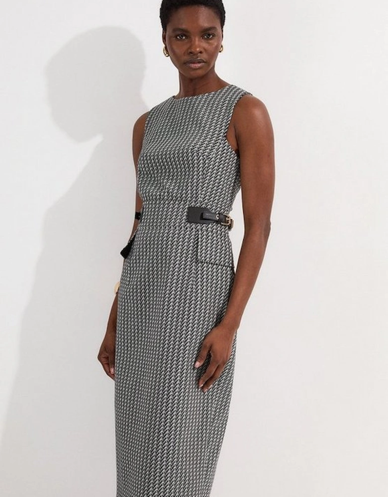 Jacquard Tab Waist Detail Tailored Midi Dress