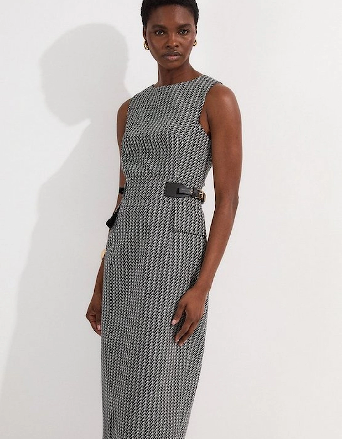Jacquard Tab Waist Detail Tailored Midi Dress, 4 of 3