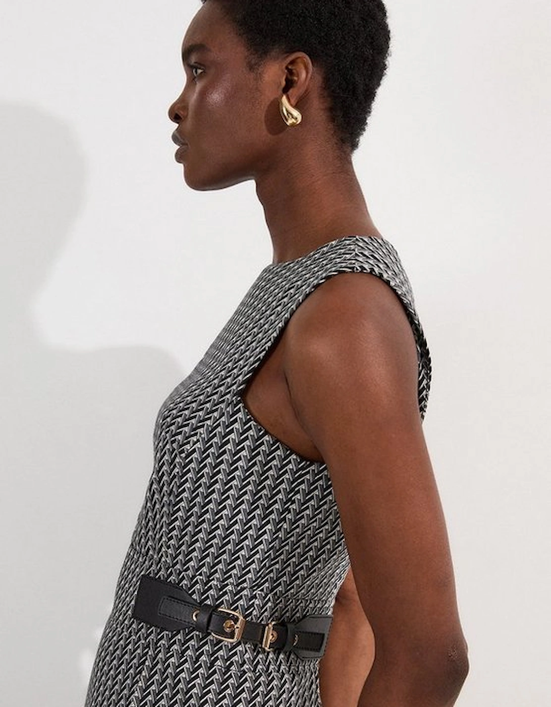 Jacquard Tab Waist Detail Tailored Midi Dress