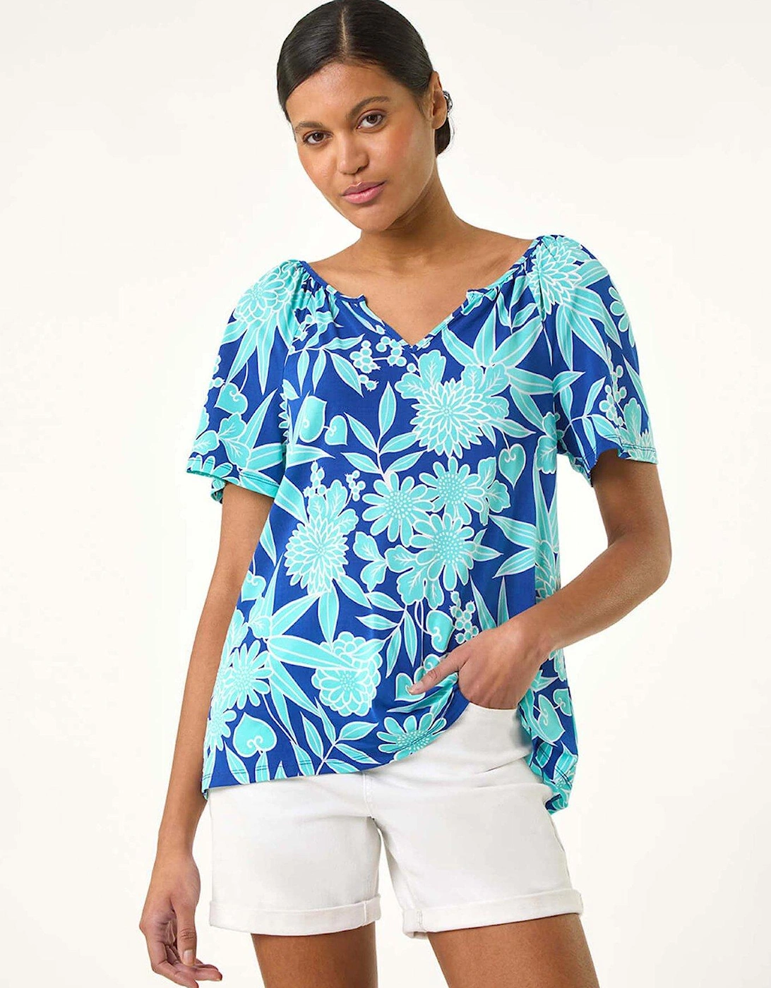 Textured Print Notch Neck Top - Blue, 2 of 1