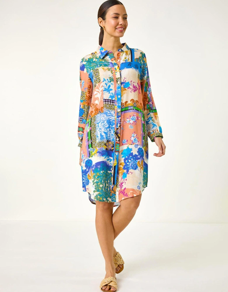 Abstract Collared Shirt Dress - Blue