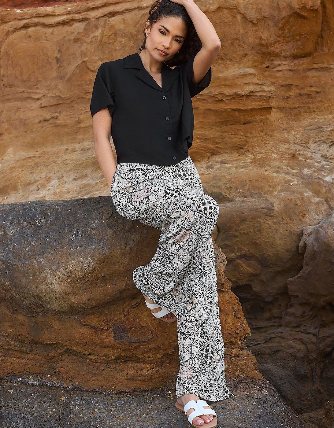 Petite Mono Tile Print Wide Leg Trouser - Black, 2 of 1