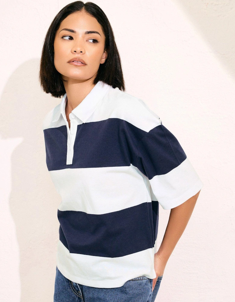 Petite Short Sleeve Stripe Rugby Shirt - Blue