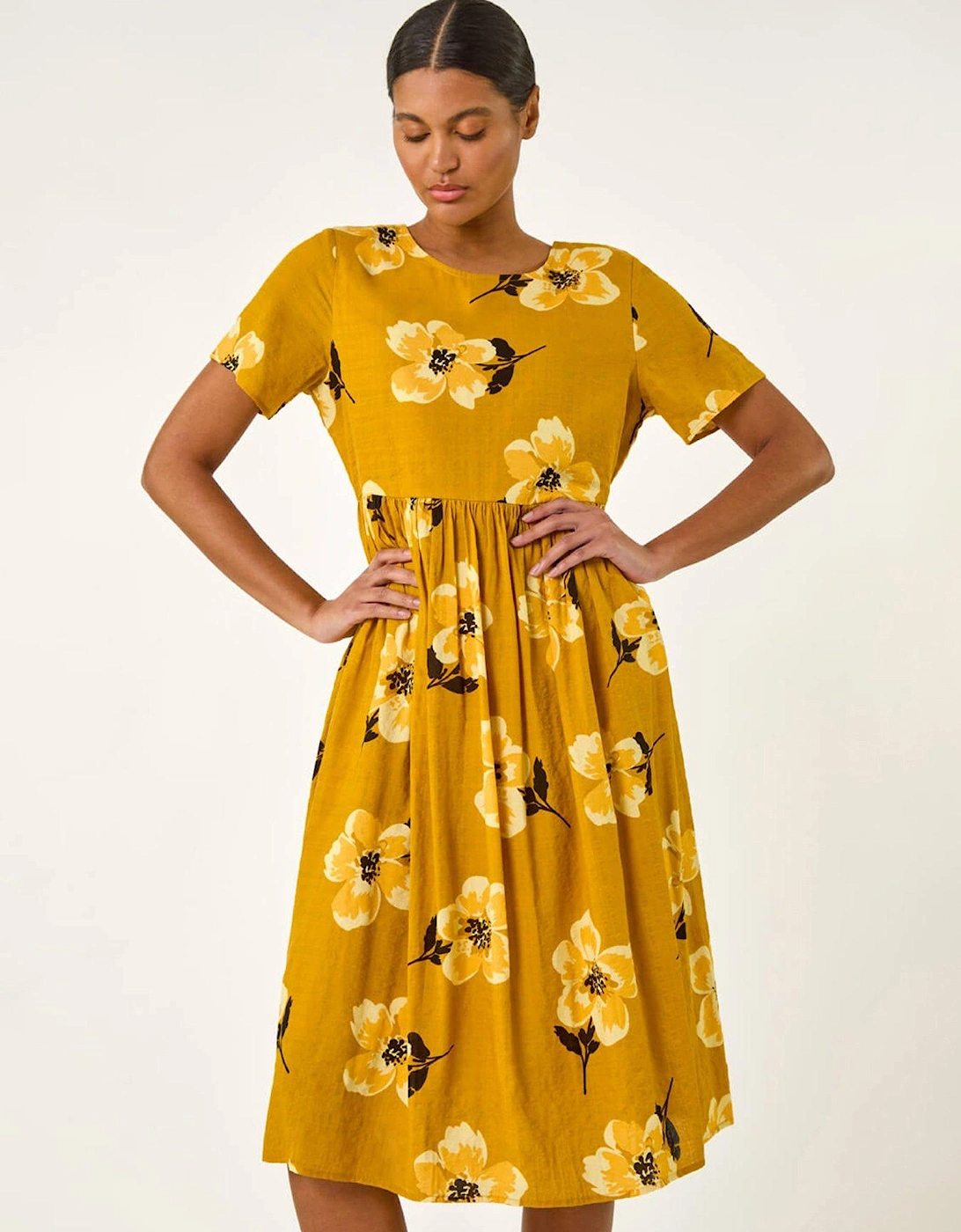 Floral Print Smock Midi Dress - Yellow, 2 of 1