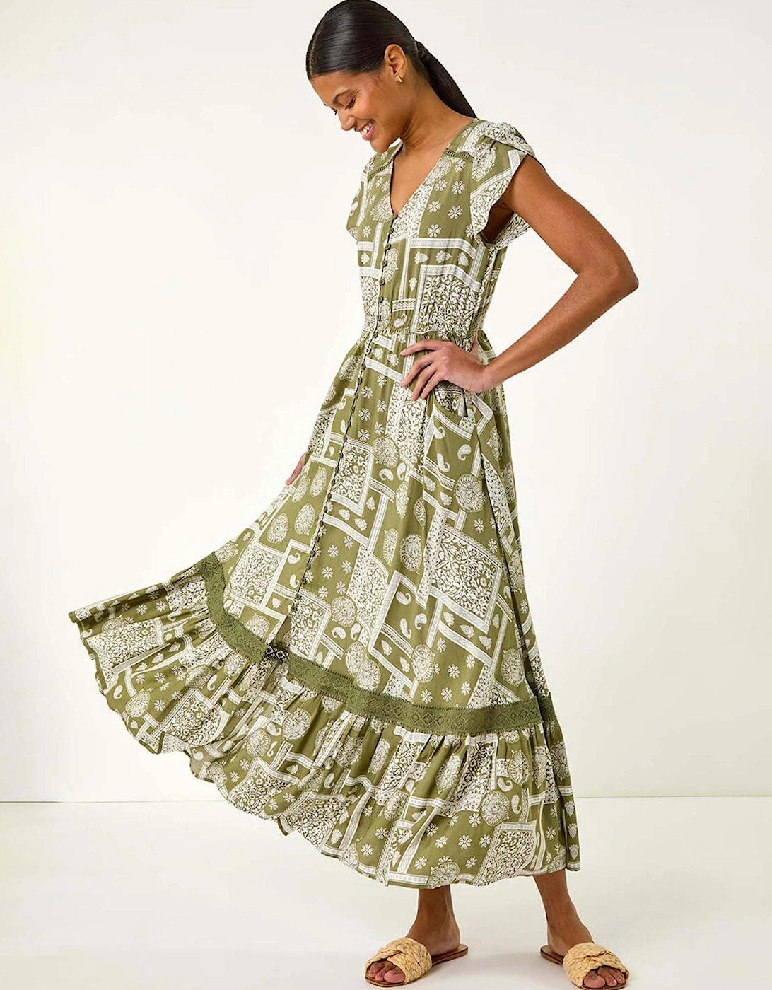 Patchwork Lace Trim Maxi Dress - Green, 2 of 1